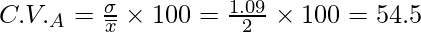 C.V._A =\frac{\sigma}{\overline{x}}\times100=\frac{1.09}{2}\times100=54.5