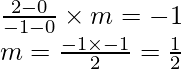 \frac{2-0}{-1-0}\times m=-1\\ m=\frac{-1\times -1}{2}=\frac{1}{2}