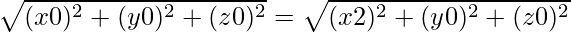 \sqrt{(x − 0)^2 + (y − 0)^2 + (z − 0)^2} = \sqrt{(x − 2)^2 + (y − 0)^2 + (z − 0)^2}