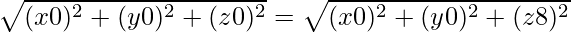 \sqrt{(x − 0)^2 + (y − 0)^2 + (z − 0)^2} = \sqrt{(x − 0)^2 + (y − 0)^2 + (z − 8)^2}