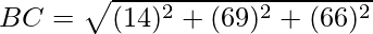 BC = \sqrt{(1 − 4)^2 + (6 − 9)^2 + (6 − 6)^2}