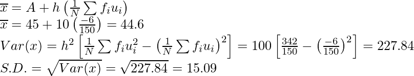 \overline{x}=A+h\left(\frac{1}{N}\sum f_iu_i\right)\\ \overline{x}=45+10\left(\frac{-6}{150}\right)=44.6\\ Var(x)=h^2\left[\frac{1}{N}\sum f_iu_i^2-\left(\frac{1}{N}\sum f_iu_i\right)^2\right]=100\left[\frac{342}{150}-\left(\frac{-6}{150}\right)^2\right]=227.84\\ S.D.=\sqrt{Var(x)}=\sqrt{227.84}=15.09