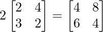 2\begin{bmatrix} 2 & 4 \\ 3 & 2 \end{bmatrix} = \begin{bmatrix} 4 & 8 \\ 6 & 4 \end{bmatrix}