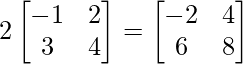 2\begin{bmatrix} -1 & 2 \\ 3 & 4 \end{bmatrix} = \begin{bmatrix} -2 & 4 \\ 6 & 8 \end{bmatrix}