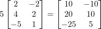 5\begin{bmatrix} 2 & -2 \\ 4 & 2 \\ -5 & 1 \end{bmatrix} = \begin{bmatrix} 10 & -10 \\ 20 & 10 \\ -25 & 5 \end{bmatrix}