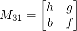 M_{31}= \begin{bmatrix}    h & g  \\    b & f\\ \end{bmatrix}