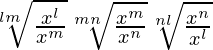 \sqrt[lm]{\frac{x^l}{x^m}}×\sqrt[mn]{\frac{x^m}{x^n}}×\sqrt[nl]{\frac{x^n}{x^l}}