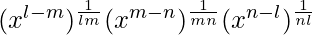 (x^{l-m})^{\frac{1}{lm}}×(x^{m-n})^{\frac{1}{mn}}×(x^{n-l})^{\frac{1}{nl}}