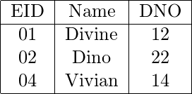   \begin{center} \begin{tabular}{ |c|c|c|c| }  \hline EID & Name & DNO \\ \hline \001 & Divine & 12 \\  \002 & Dino &  22\\  \004 & Vivian & 14\\   \hline \end{tabular} \end{center}  