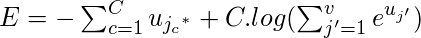  E = -\sum_{c=1}^C {u_{{j_c}^*}}} } + C.log(\sum_{j'=1}^{v} e^{u_{j'}}) 