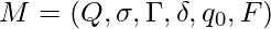 M = (Q, \sigma, \Gamma, \delta, q_0, F)