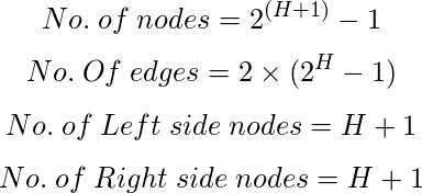  $$    No.\hspace{1mm} of\hspace{1mm} nodes = 2^{(H+1)}-1 $$ $$ No.\hspace{1mm} Of\hspace{1mm} edges = 2\times(2^{H}-1}) $$ $$ No.\hspace{1mm} of\hspace{1mm} Left\hspace{1mm} side\hspace{1mm} nodes = H+1 $$ $$ No.\hspace{1mm} of\hspace{1mm} Right\hspace{1mm} side\hspace{1mm} nodes = H+1 $$ 