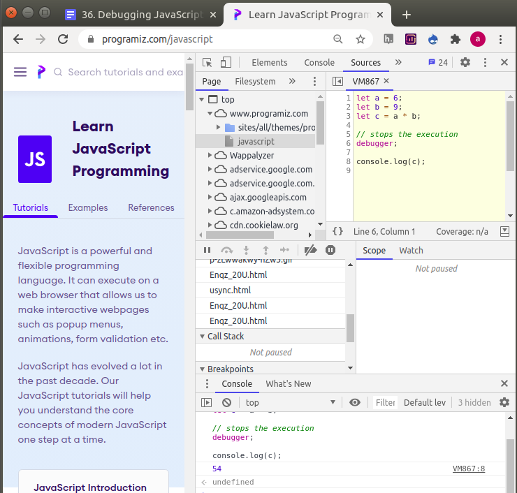 Working of debugger in the browser