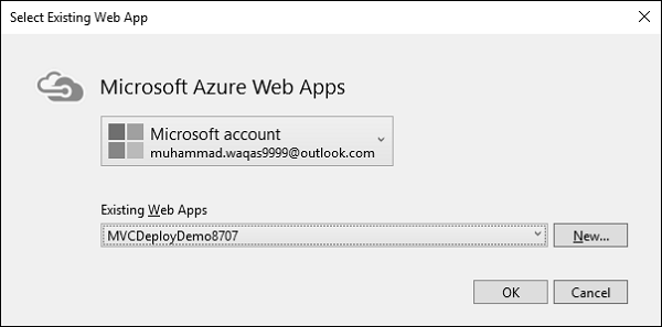 单击Microsoft Azure Web Apps